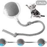 Bola inteligente cinza com cordinha e um gato pulando