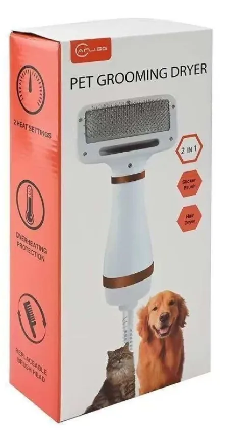 Caixa da escova secadora pet 2 em 1 com foto de um cachorro e um gato