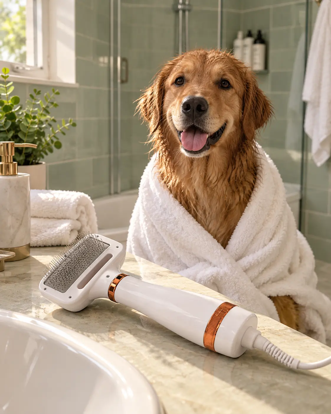 Cachorro golden retriever enrolado numa toalha depois do banho, com a escova secadora pet sobre a bancada do banheiro